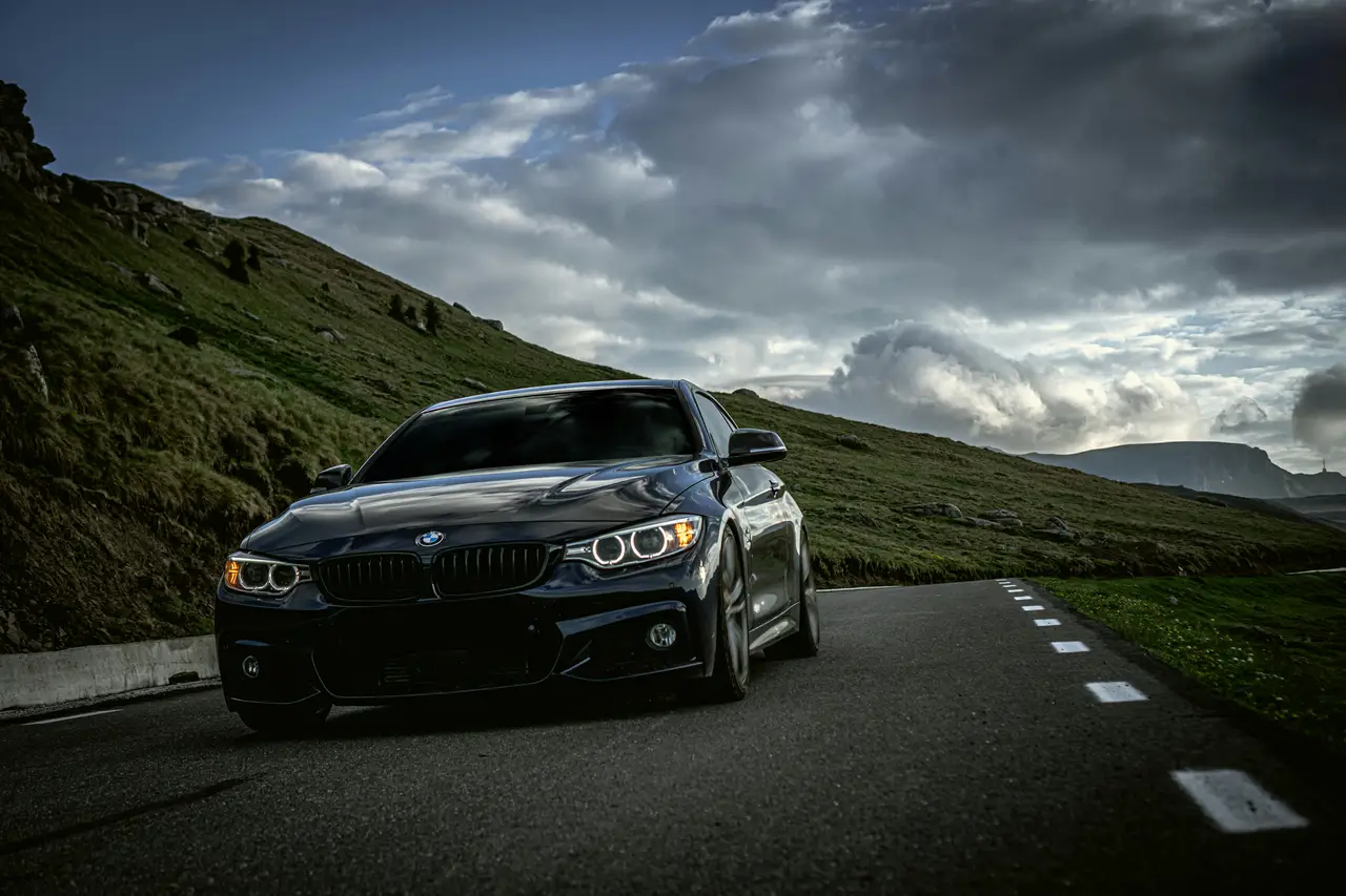Dark performance car on a Nordic road